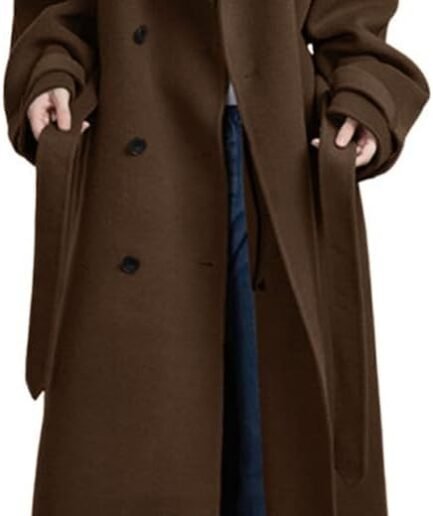 Women's Winter Double Breasted Wool Coat Long Sleeve Notch Lapel Midi Long Winter Trench Coat with Belt