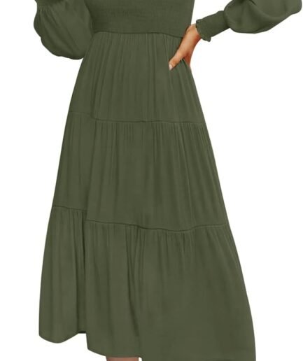 Women's 2026 Casual Long Sleeve Crew Neck High Waist Smocked Flowy Tiered Midi Dress