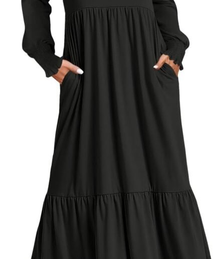 Women's 2026 Fall Long Sleeve Dress Crewneck Casual Loose Pleated Tiered Swing Midi Dresses with Pockets