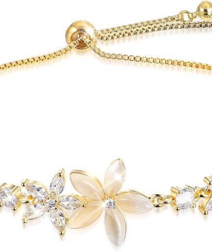 Gold Adjustable Bracelets for Women,Dainty Flower Bracelet Rhinestone Slider Floral Bracelet Floral Jewelry Adjustable Bridesmaid Bracelets Jewelry Gift