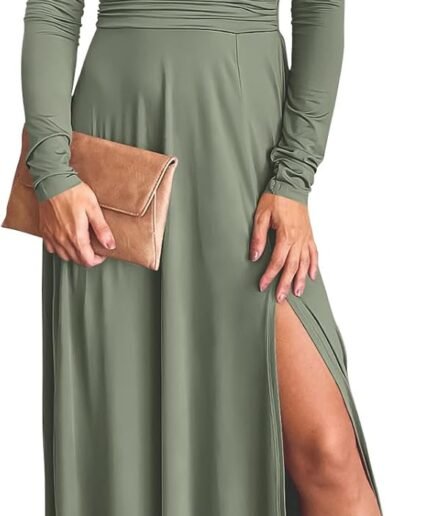 Women Deep V Neck Long Sleeve Slit 2026 Fall Elegant Formal Wedding Guest Cocktail Evening Date Prom Maxi Long Dress