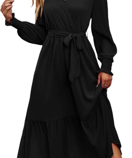 Women's Floral Print Boho Dress Long Sleeve Wrap V Neck Ruffle Belted A-Line Flowy Maxi Dresses