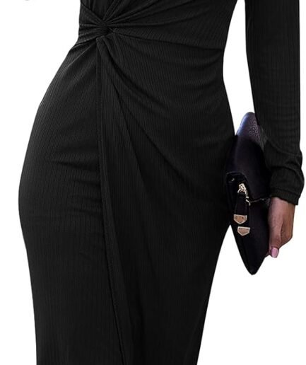 Women's Long Sleeve Dress: Midi Casual V Neck Dresses Twist Waist Ribbed Knit Bodycon Slit Cocktail Party Dress