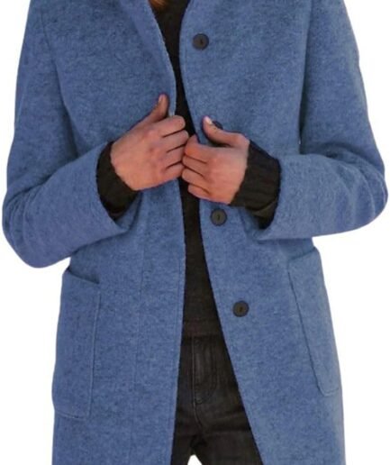 Women Winter Long Pea Coat Wool Blend Stand Collar Single Breast Thicken Blazer Jacket