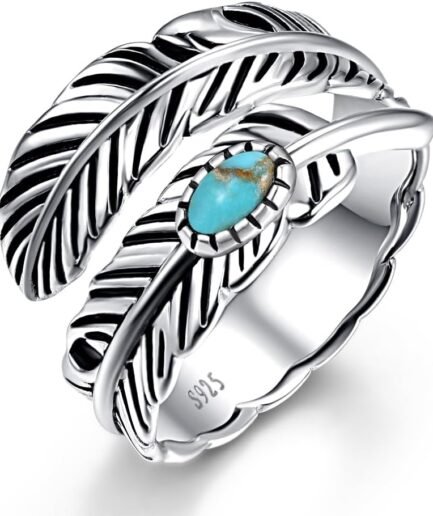 Sterling Silver Feather Ring with Black Onyx & Turquoise - Adjustable Stacking Vintage Statement Ring for Women & Men