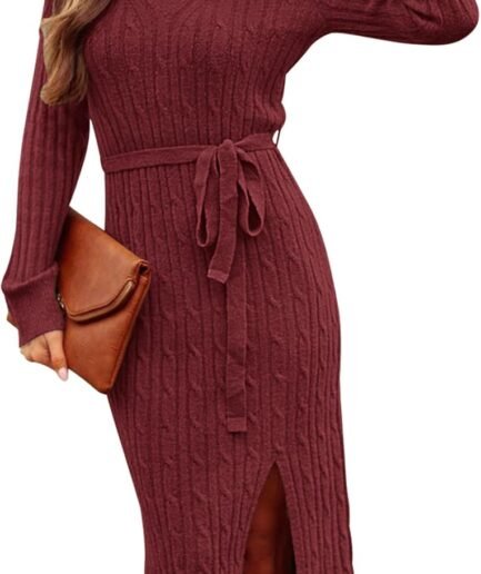 Women's V Neck Cable Knit Sweater Dress Long Sleeve Bodycon Slit Pullover Midi Dress with Belt