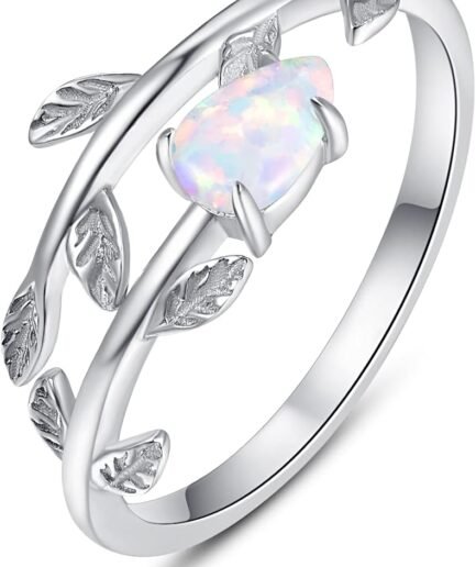 925 Sterling Silver Leaf Ring White Opal Moonstone Rings Adjustable Open Ring for Women with Jewelry Box Size 7-9