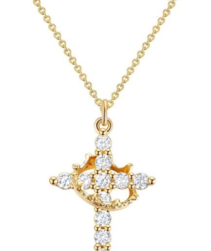 Upgraded Crown Cross Necklace for Women, 14K Gold Plated Crown Cross Pendant Necklace, Non-Tarnish Faith Jewelry for Women, Christian Religious Gifts for Her