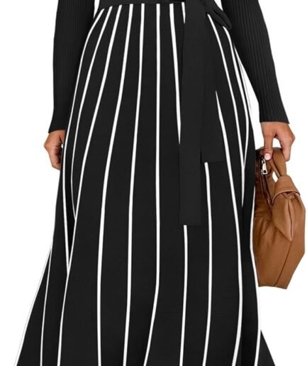 Women's 2026 Fall Turtleneck Long Sleeve Sweater Dress Tie Waist Casual Loose Ribbed Knit A Line Midi Dresses