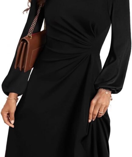 Women's Winter Fall Long Sleeve Ruched Waist Flowy A Line High Low Midi Cocktail Party Dress