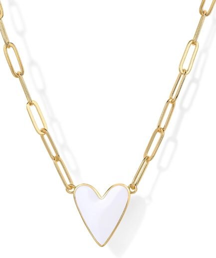 14K Gold Plated Heart Enamel Pendant Necklace for Women | Love Paperclip Chain Necklaces | Blue Pink Purple White Enamel Heart Pendants