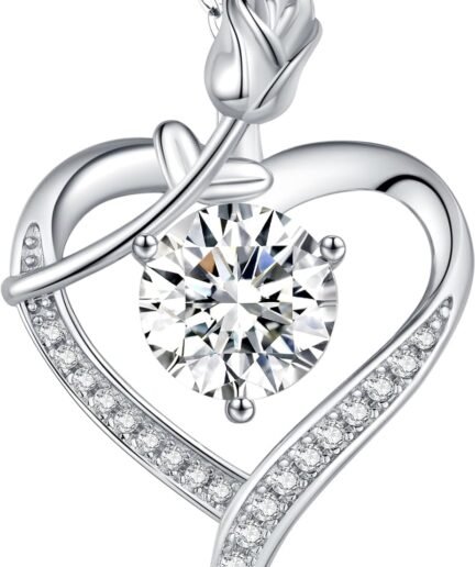 Rose Heart Pendant Necklace for Wife Moissanite Lab-Created Gem Jewelry for Women I Love You Wedding Anniversary Birthday Christmas Valentines Engagements Mothers Day for Her Girlfriend Mom Daughter