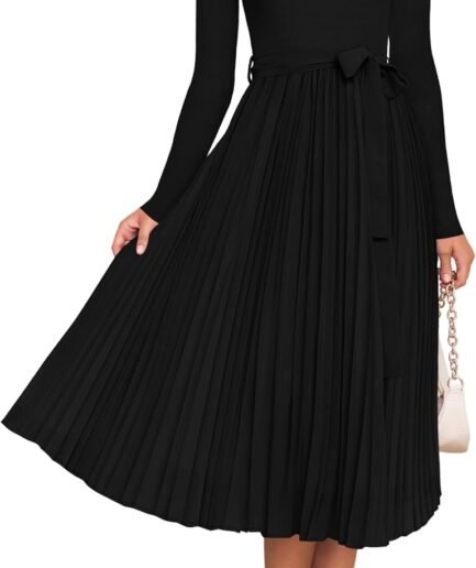 Women's Fall Long Sleeve Midi Dress Casual Crewneck Knit Belted Pleated A Line Flowy Sweater Dresses