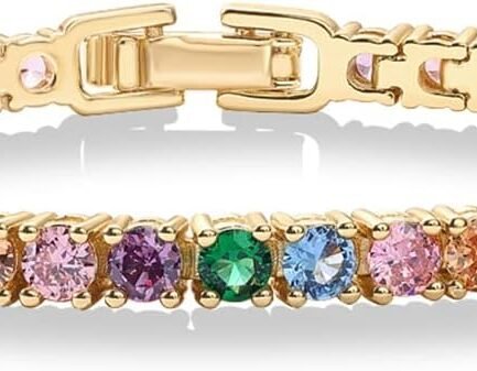 14K Gold Plated 3mm Multi Colored CZ Tennis Bracelet | Vibrant & Bohemian Cubic Zirconia Bracelet for Women | Size 6.5-7.5 Inch