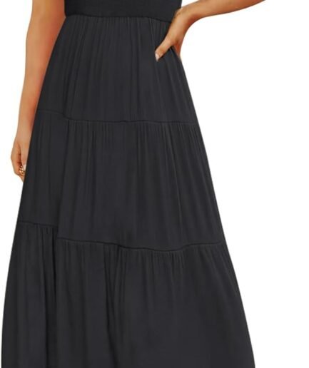Women's 2026 Summer Casual Flutter Short Sleeve Crew Neck Smocked Elastic Waist Tiered Midi Dress