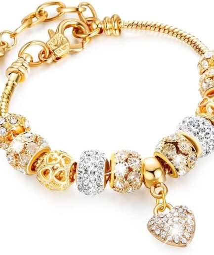 Gold Beads Bracelets Rhinestone Heart Charm Bracelet Luxury Adjustable Bangle for Women