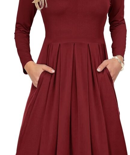 Women's Long Sleeve Dress Pleated Loose Swing Casual Dress with Pockets Knee Length Dresses 2026 New