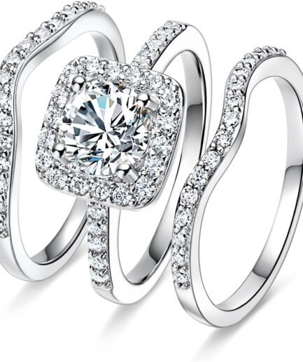 18K White Gold Plated Cubic Zirconia Three-in-One Halo Wedding Engagement Promise Eternity Ring for Women