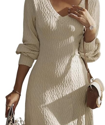 Work Dresses for Women 2026 Trendy Fall Dresses V Neck Knit A Line Long Sleeve Dress Sweater Dress