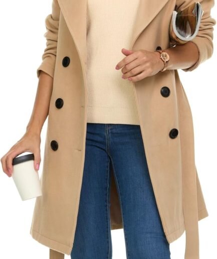 Trench Coat for Women – Double-Breasted Long Winter Faux Wool Coat