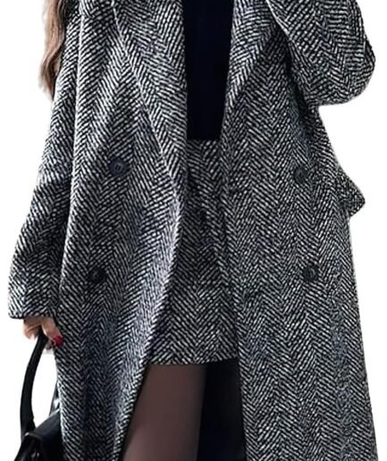 Women's Winter Casual Herringbone Wool Coat Double Breasted Notch Collar Dressy Long Trench Coat
