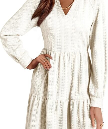 Women's Dresses 2026 Long Sleeve V Neck Textured Casual Tiered Ruffle A-Line Swing Mini Babydoll Dress