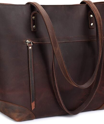Vintage Genuine Leather Shoulder Bag Work Totes for Women Purse Handbag with Back Zipper Pocket Large