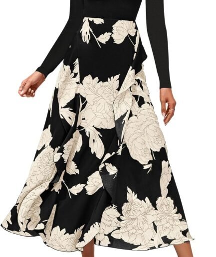 Women's Fall Fashion 2026 Floral Maxi Dress Casual Crewneck Long Sleeve Ruffle Flowy Cocktail Wedding Guest Dresses