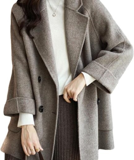 Women Wool Coat Peacoat Jacket Thick Loose Double Breasted Pea Coat Woolen Winter Overcoat