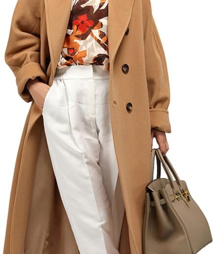 Women Wool Blend Pea Coat Camel Notched Collar Double Breasted Outerwear Jacket