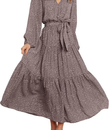 Women's Fall Long Sleeve Wrap V Neck Ruffle Floral Maxi Dress Casual Tie Waist Boho Chiffon Flowy Long Dresses