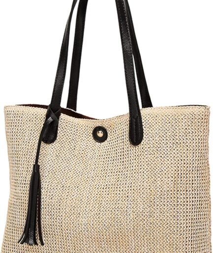 Women's Summer Beach Straw Bucket Tote Bag With Tassel Shoulder Bag Purse